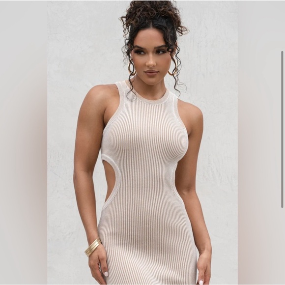 NWT JLuxLabel Made To Move cutout ribbed dress Taupe/White size small - Picture 2 of 7